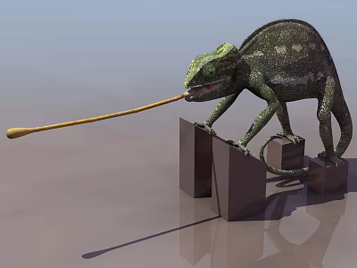 Reptile Chameleon Standing On Geometric Blocks Extending Long Tongue Catching Prey 3d model