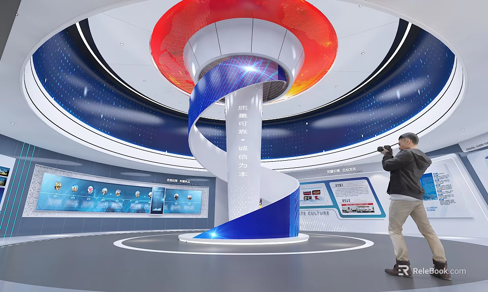 Modern Exhibition Hall With Spiral Column Red Blue White Display Screens And Person Taking 3d model 