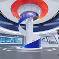 Modern Exhibition Hall With Spiral Column Red Blue White Display Screens And Person Taking