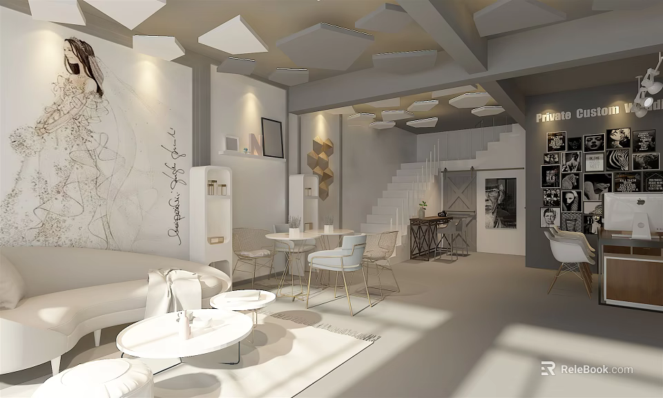 Elegant Modern Open Living Room With White Geometric Ceiling Sofa Coffee Table Staircase And Artwork 3d model 