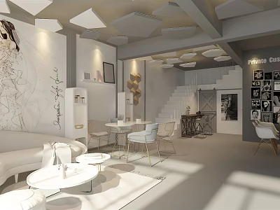 Elegant Modern Open Living Room With White Geometric Ceiling Sofa Coffee Table Staircase And Artwork 3d model