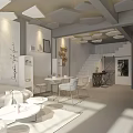 Elegant Modern Open Living Room With White Geometric Ceiling Sofa Coffee Table Staircase And Artwork