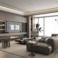 Elegant Modern Living Room Interior With TV Wall Fireplace Sofa And Floor To Ceiling Windows