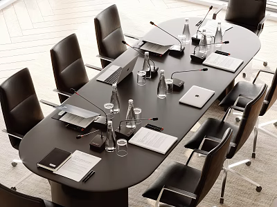 Black Conference Table With Office Chairs Laptops Documents Water Bottles And Microphones 3d model