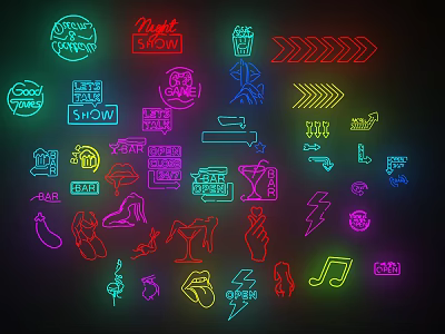 Colorful Neon Decorative Lights For Party With Various Design Elements And Wall Art 3d model