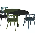 Modern Oval Dining Table Set With Green Gray Top And Four Multicolored Chairs 3d model