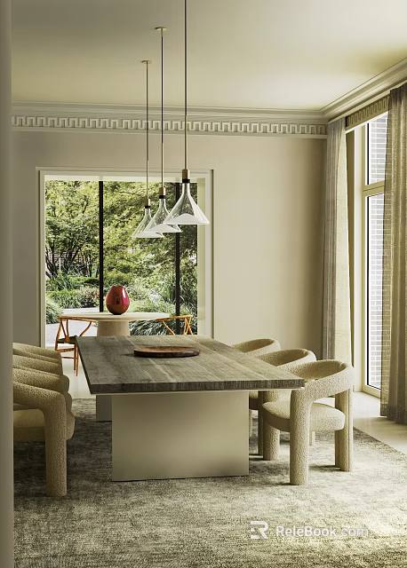 Modern Restaurant Dining Space With Long Wooden Table Pendant Lights Natural Light And Greenery View 3d model 