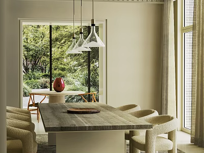 Modern Restaurant Dining Space With Long Wooden Table Pendant Lights Natural Light And Greenery View 3d model