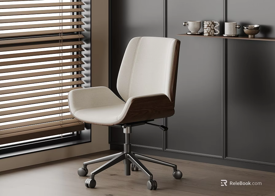 Stylish Cream Upholstered Office Chair With Wood Trim And Swivel Rolling Base For Home Office 3d model 