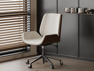 Stylish Cream Upholstered Office Chair With Wood Trim And Swivel Rolling Base For Home Office 3d model