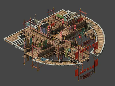 Ancient Architecture Construction Scene With Scaffolding Traditional Wooden Structure And Decorative Elements 3d model