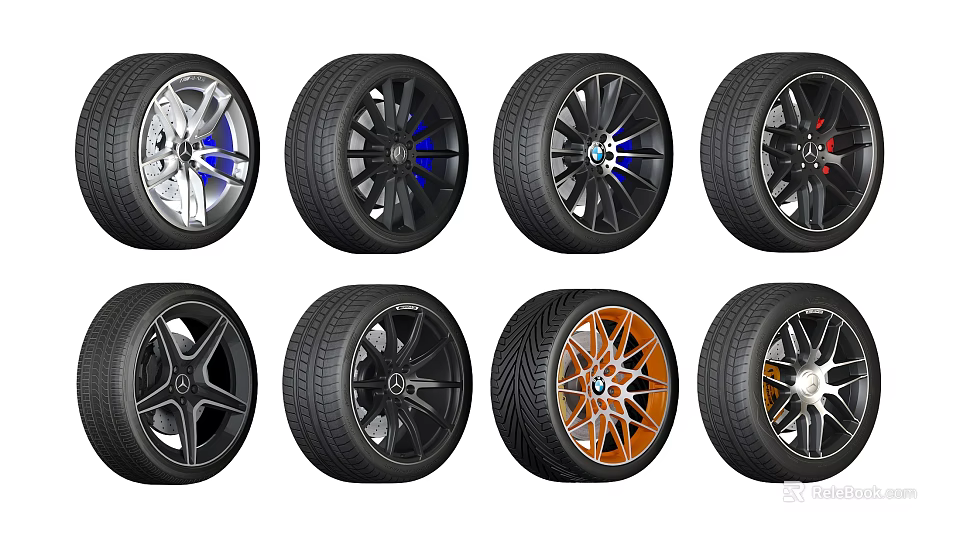 Car Tires With Various Wheel Rim Designs Multiple Styles And Colorful Hubs 3d model 