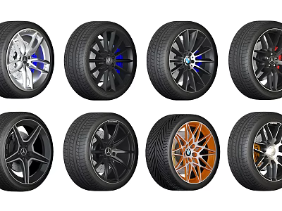 Car Tires With Various Wheel Rim Designs Multiple Styles And Colorful Hubs 3d model
