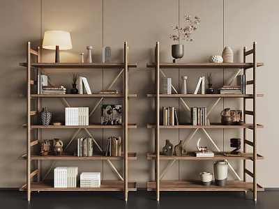 Modern Wooden Bookcase Interior Design With Books Decorations Vases And Table Lamp 3d model