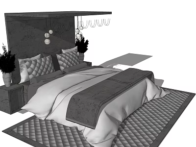 Modern Double Bed With Quilted Bedding Nightstand Plant And Chandelier 3d model