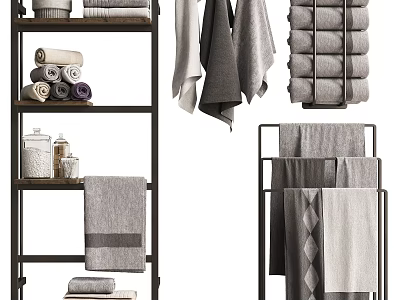 Stylish Bathroom Accessories With Towel Racks Folded Towels Hanging Towels And Storage Shelves 3d model