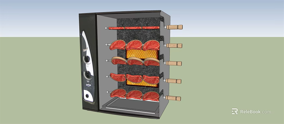Electric Kitchen Meat Roaster Appliance Featuring Multiple Racks Raw Meat Slices Black Exterior Control Panel 3d model 