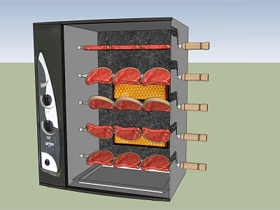 Electric Kitchen Meat Roaster Appliance Featuring Multiple Racks Raw Meat Slices Black Exterior Control Panel 3d model