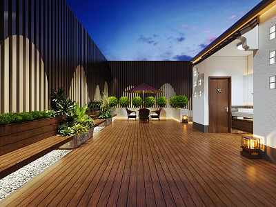 Rooftop Garden With Wooden Deck Green Plants Bench Tables Chairs And Lanterns 3d model