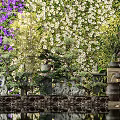 Bonsai Potted Plants Arrangement With Purple White Flower Wall And Stone Decorations