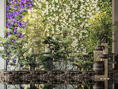 Bonsai Potted Plants Arrangement With Purple White Flower Wall And Stone Decorations 3d model