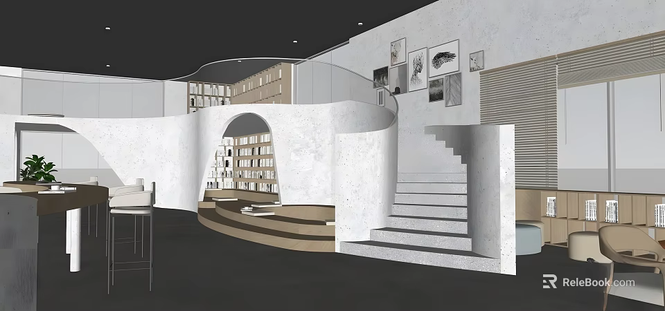 Modern Café Interior With Open Space Spiral Staircase Bookshelves And Art Decor 3d model 