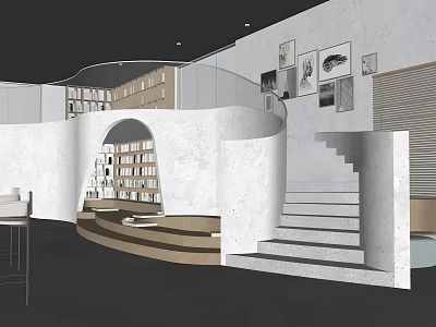 Modern Café Interior With Open Space Spiral Staircase Bookshelves And Art Decor 3d model