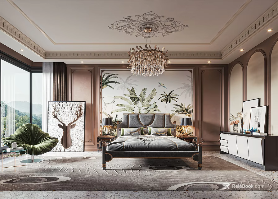 Elegant Modern Bedroom Interior With Chandelier Tropical Plant Mural Green Armchair And Deer Decor 3d model 