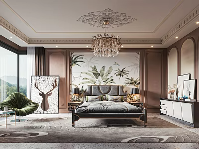 Elegant Modern Bedroom Interior With Chandelier Tropical Plant Mural Green Armchair And Deer Decor 3d model