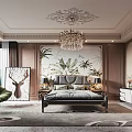 Elegant Modern Bedroom Interior With Chandelier Tropical Plant Mural Green Armchair And Deer Decor