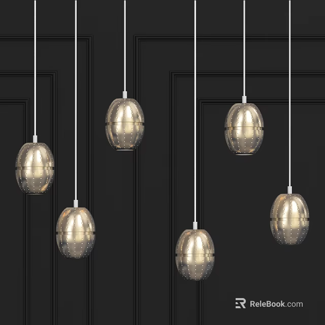 Multiple Gold Egg Shaped Pendant Lights With Perforated Design On Black Wall 3d model