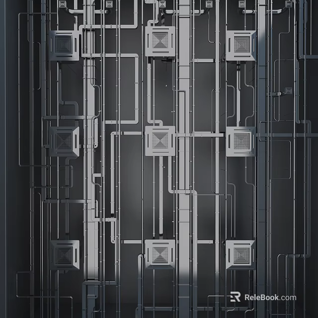 Industrial Style Mechanical Wall With Arranged Pipes And Metal Elements 3d model