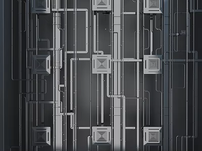 Industrial Style Mechanical Wall With Arranged Pipes And Metal Elements 3d model