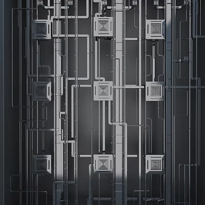 Industrial Style Mechanical Wall With Arranged Pipes And Metal Elements 3d model