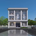 Modern Two Story Detached Villa With Large Glass Windows Lawn And Water Reflection
