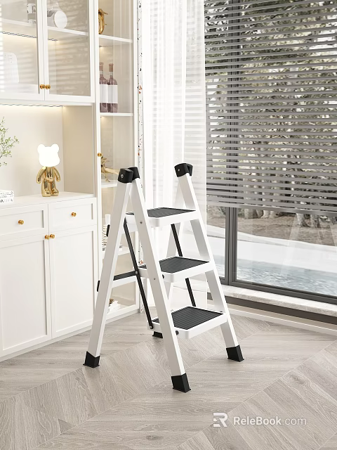 White Three Step Ladder In Indoor Space With White Cabinet And Window Blinds 3d model 