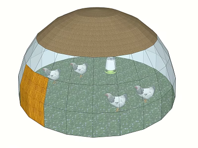 White Stool In Dome Shaped Chicken Coop With Green Ground And Chickens 3d model