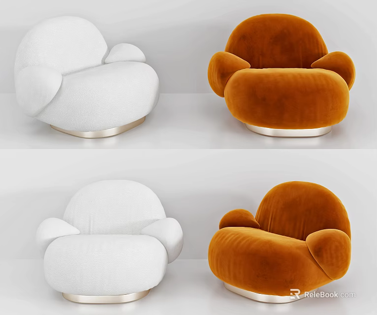 Modern White And Brown Accent Chairs With Round Design And Metallic Base 3d model 