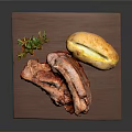 Roasted Pork Ribs and Golden Potato with Fresh Green Garnish on Wooden Board