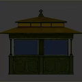 Traditional Pavilion Structure With Green Base And Columns Brown Roof Spire Decoration And Blue Windows