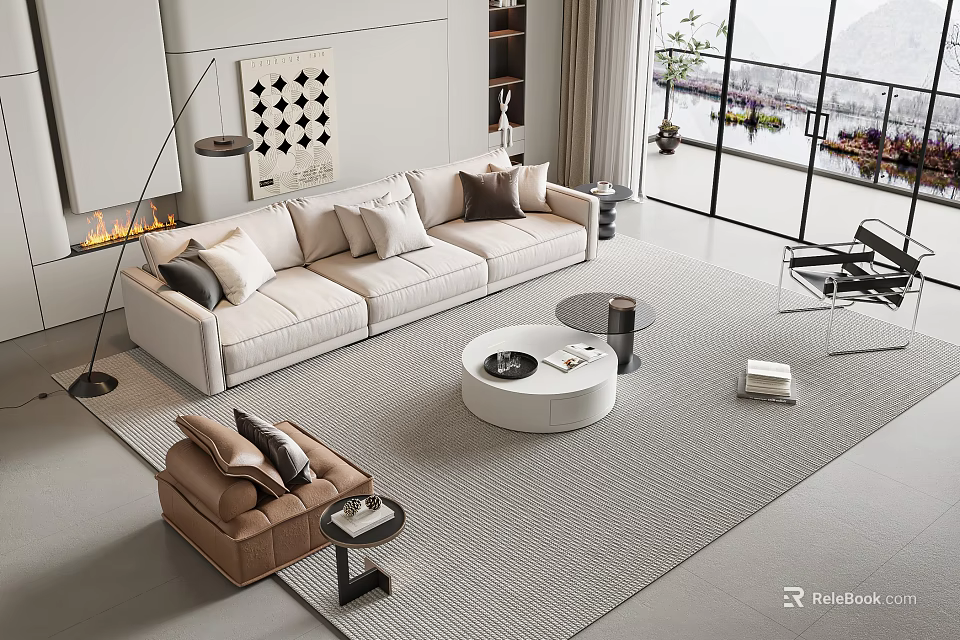 Modern Sofa and Coffee Table Set with Light Colored Upholstery Round White Table Accent Chair Area Rug Floor Lamp and Large Windows 3d model 