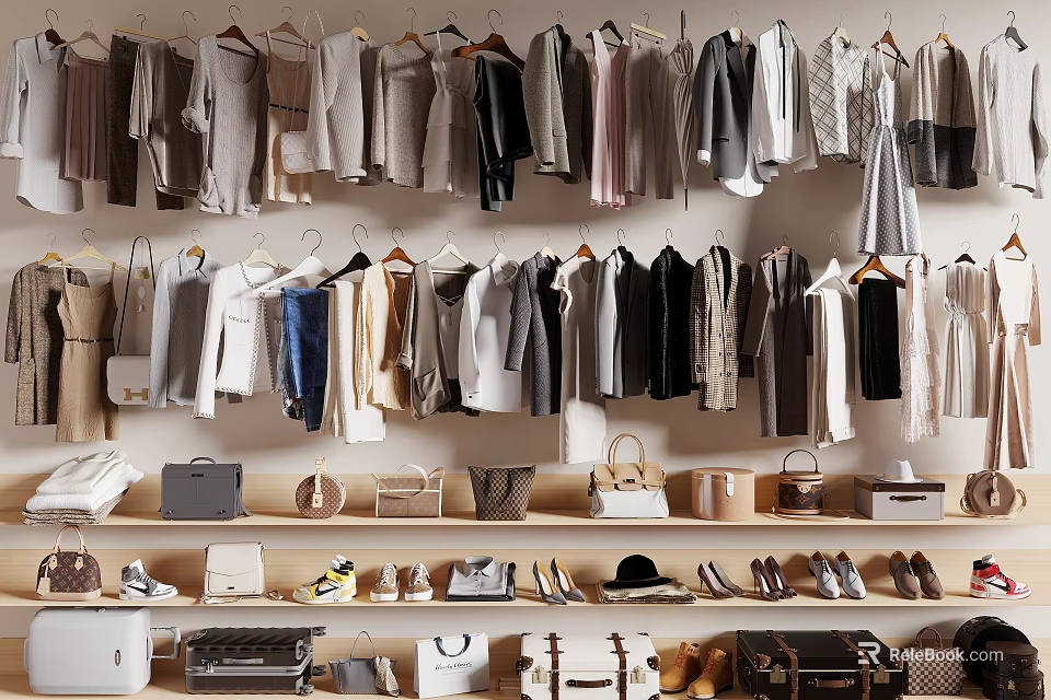 Fashionable Clothes Displayed In Well Organized Closet With Bags And Shoes 3d model 