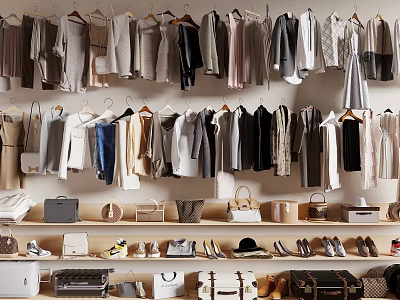 Fashionable Clothes Displayed In Well Organized Closet With Bags And Shoes 3d model