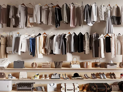 Fashionable Clothes Displayed In Well Organized Closet With Bags And Shoes 3d model