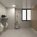 Public Restroom Interior With Double Sinks Large Mirror Light Colored Tiled Walls And Bright Lighting