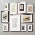 Gallery Wall Display With Framed Black White Drawings And Vintage Art