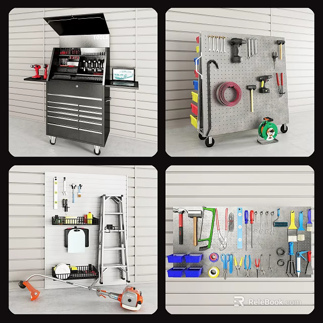 Practical Tool Components Storage System With Cabinet Rolling Cart Wall Rack And Tools 3d model