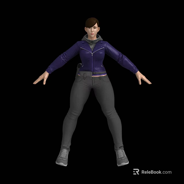 Woman In Purple Leather Jacket Gray Pants Shoes With Arms Outstretched Against Black Background 3d model 