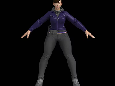 Woman In Purple Leather Jacket Gray Pants Shoes With Arms Outstretched Against Black Background 3d model
