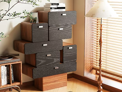 Wooden Decorative Cabinet with Multiple Dark Drawers in Interior with Plant Books and Table Lamp 3d model